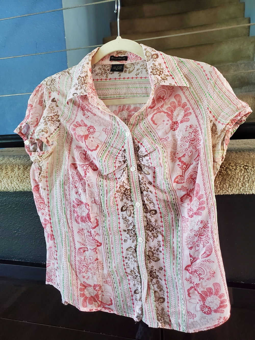 Pink Floral-Stripe Ruffle Button Front Blouse